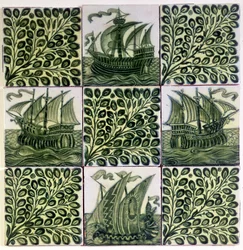 Nueve azulejos que representan barcos y ramas de olivo (cerámica)